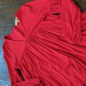 ANTHRO I Red V-Neck Button-Back Loose-Fit Long Sleeve Swing Top by Eri & Ali